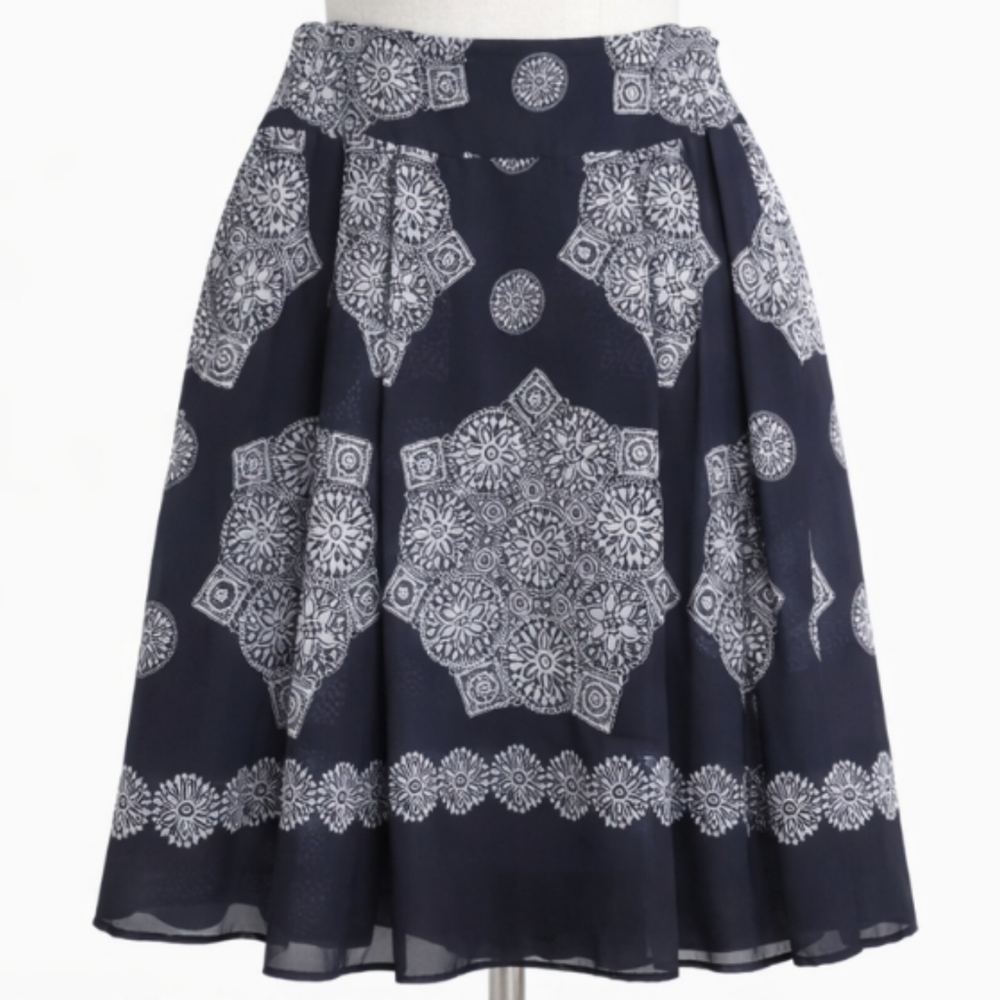 Vintage Navy Blue Mandala Print Flowy Pleated Skirt M/L - Picture 3 of 12